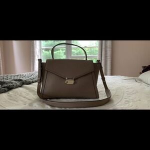 Michael Kors Taupe Structured Leather Satchel with Gold-Tone Lock